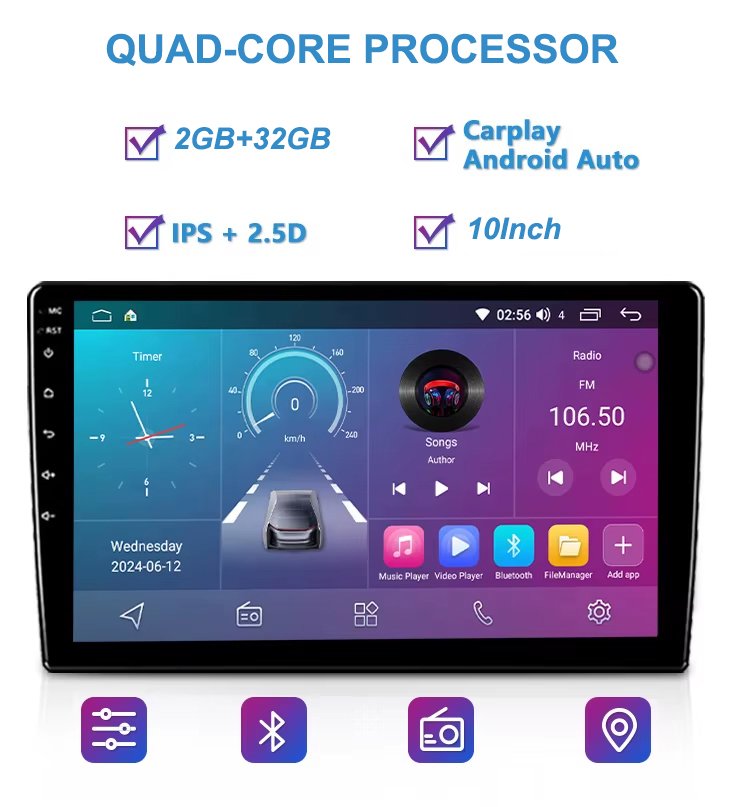 Universal 2 Din 10 Inch Android Car Radios with GPS Navigation Quad-Core RAM2GB ROM32GB CarPlay Android Stereo Auto Carplay Screen Car Player - Image 3