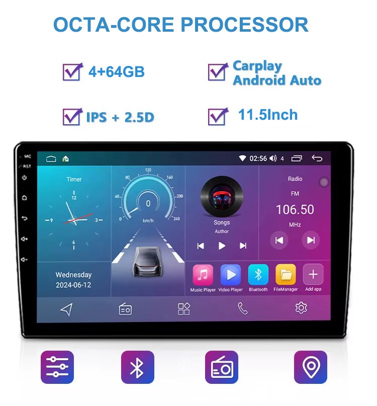 Universal 2 Din 11.5 Inch Android Car Radios with GPS Navigation Octa-Core RAM4GB ROM64GB CarPlay Android Stereo Auto Carplay Screen Car Player - Image 3