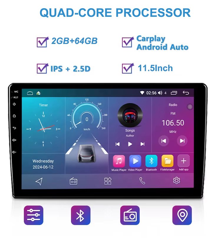 Universal 2 Din 11.5 Inch Android Car Radios with GPS Navigation Quad-Core RAM2GB ROM64GB CarPlay Android Stereo Auto Carplay Screen Car Player - Image 3
