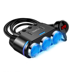 12V-24V Car Cigarette Socket Splitter LED Voltage Display Dual USB Charger 3 Recessed Blue LED Lights